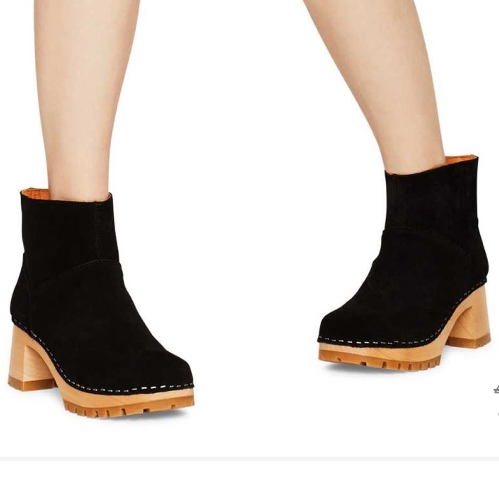 Swedish Hasbeens Nero Black Suede Womens Ankle Boot Clog Sole Size 40 New